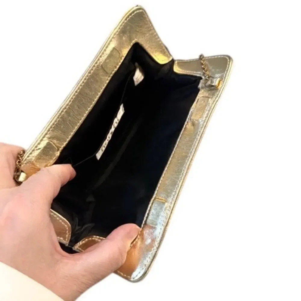 Franchi Black Pleated Clutch Gold Frame Evening Bag Chain Strap 10